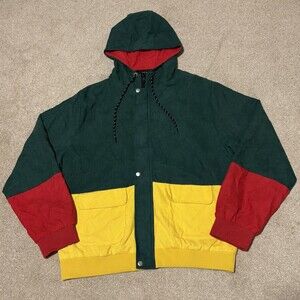 VTG Zaful Mens Retro Corduroy Bomber Jacket Full Zip Hood Colorblock Rasta Sz XL